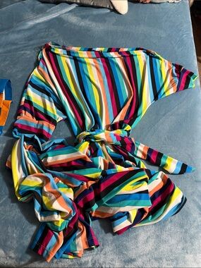 Vibrant Multicolor Striped Tie-Waist off shoulder romper 2x